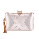 Stylish criss cross curve tassel silver clutch