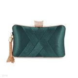 Stylish criss cross curve tassel green clutch